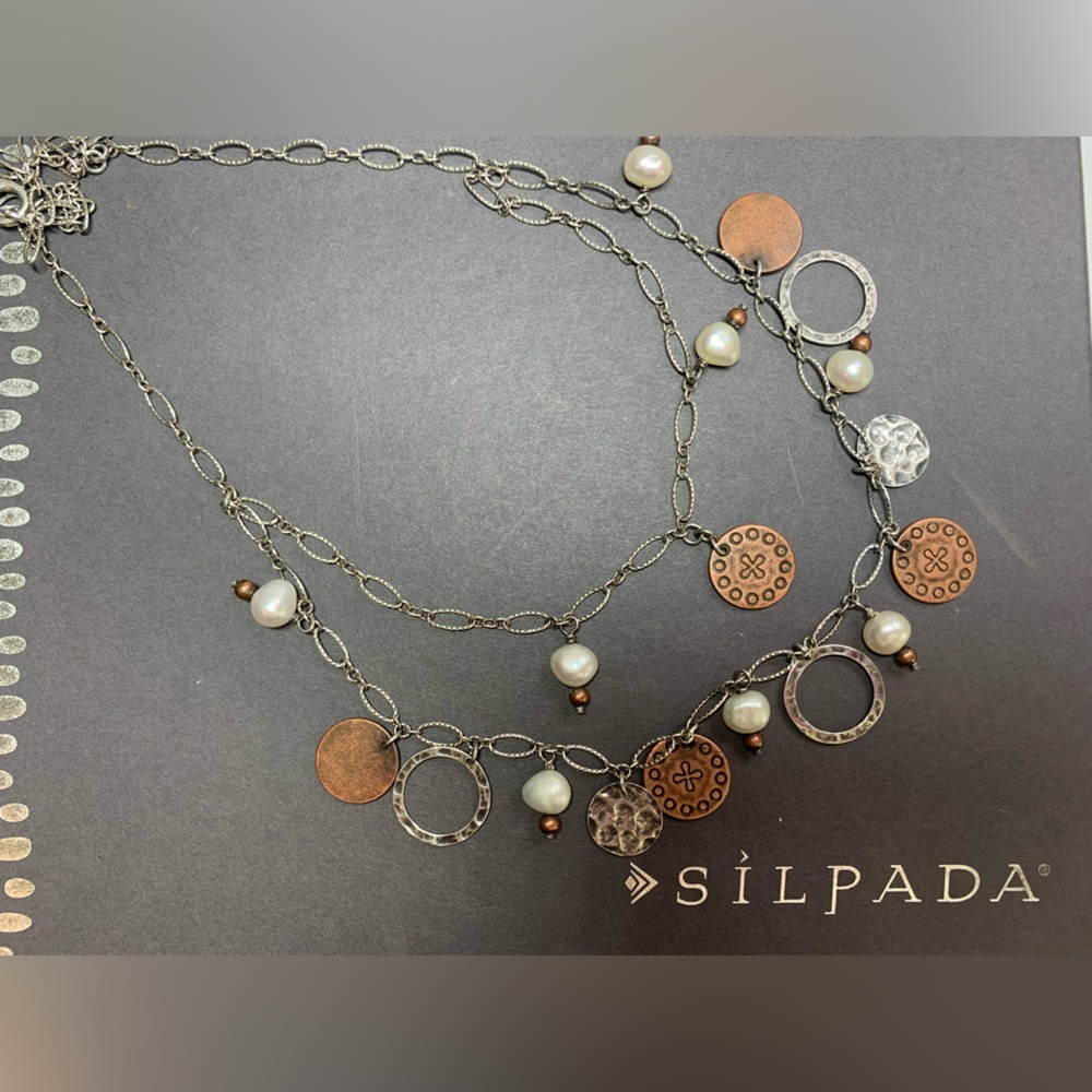 Silpada Vintage Sterling, Copper Coin & Freshwater Pearl 2-Tiered Link Necklace